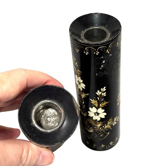 Wooden candle holders black lacquer Asian style gold & white cherry tree motif - Picture 5 of 9